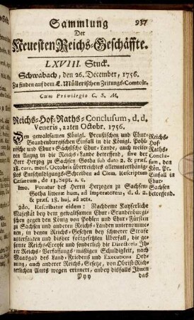 LXVIII. Stuck. Schwabach, den 26. December, 1756.