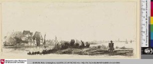 [Flusslandschaft mit Anglern und Stadtansicht]