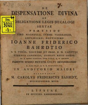 De Dispensatione Divina Ab Obligatione Legis Decalogi Sextae