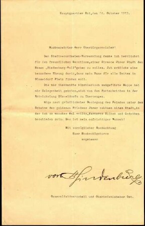 5-10-8-6.0000: Hindenburg, Paul von, Generalfeldmarschall; diverse Schreiben ff.: Dank für die Straßenbenennung "Hindenburgwall"