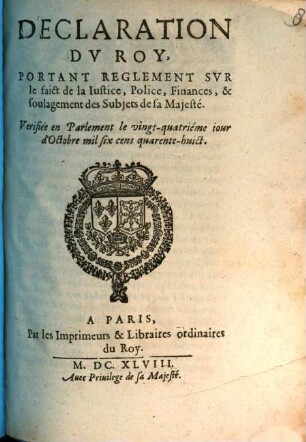 Declaration du roy, portant réglement sur le faict de Justice