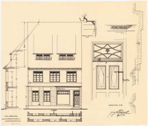 Fassaden der nach dem Brand am 17. Juni 1915 wiederaufgebauten Häuser, Duderstadt: Aufriss: Ansicht von der Straße 1:50; Fassadenschnitte horizontal und vertikal 1:50; Details 1:10: Haustür und Gesims