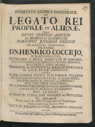 Dissertatio Iuridica Inauguralis, De Legato Rei Propriæ Et Alienæ
