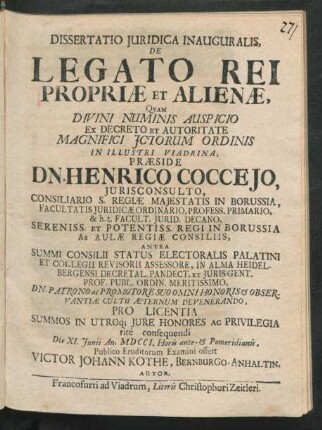 Dissertatio Iuridica Inauguralis, De Legato Rei Propriæ Et Alienæ