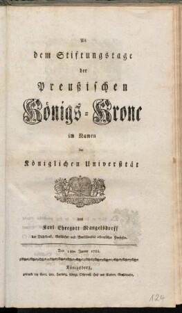 An dem Stiftungstage der Preußischen Königs-Krone im Namen der Königsbergischen Universität : Den 18. Januar 1786