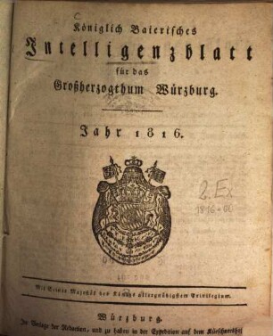 Königlich-baierisches Intelligenzblatt für das Großherzogthum Würzburg. 1816