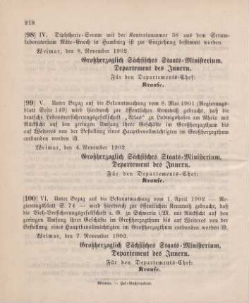 98. Ministerial-Bekanntmachung, betreffend Einziehung von Diphtherie-Serum