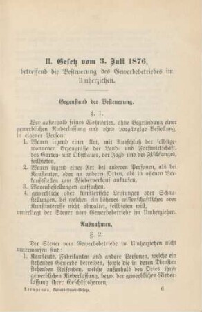 II. Gesetz vom 3. Juli 1876, betreffend die Besteuerung des Gewerbebetriebs im Umherziehen.