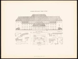 Gemeindedoppelschule an der Thorner Straße, Berlin: Grundriss, Ansicht von der Thorner Straße, Details (aus: Neubauten der Stadt Berlin, Bd. XI, 1912)