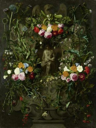 Blumengirlande mit Christus in der Rast