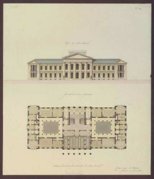 Aufriss der hinteren Fassade und Grundriss des oberen Geschosses