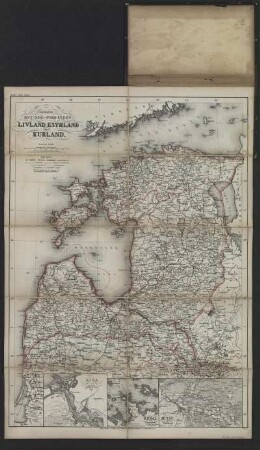 Karte vom nordlichen Baltikum, 1:1 350 000, Stahlstich, 1864 : Russische Ost-See-Provinzen Livland, Esthland und Kurland / Isleib sc.. - Rev.. - 1:1.350.000. - Hildburghausen : Bibliograph. Inst., 1864. - 1 Kt. : Stahlst. (Grenzen kolor.) ; 34 x 46 cm +++ Mit 3 Nebenkt.