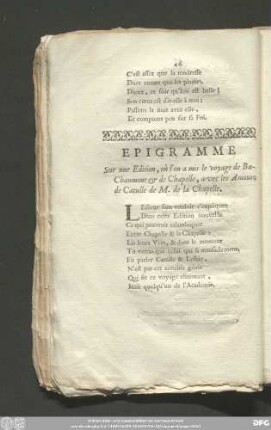 Epigramme Sur une Edition, où l'on a mis le voyage de Ba-Chaumont & de Chapelle, avec les Amours de Catulle de M. de la Chapelle.