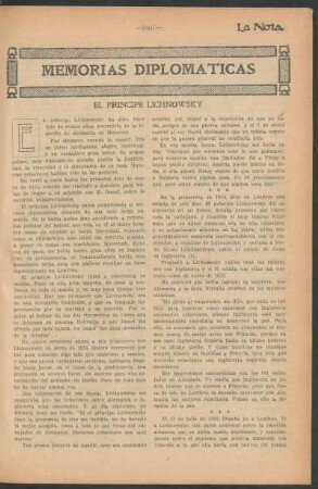 Memorias diplomaticas : El principe Lichnowsky