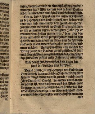 Continuatio Diarii, Auß dem Chur-Bayrischen Feld-Lager bey Karawytra : [Den 10. Julij, Anno 1687. Seynd die Trouppen ...]