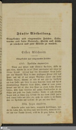 Fünfte Abtheilung. Eingekochte und eingemachte Früchte, Säfte, warme und kalte Getränke, Fleisch und Fische zu räuchern und gute Würste zu machen