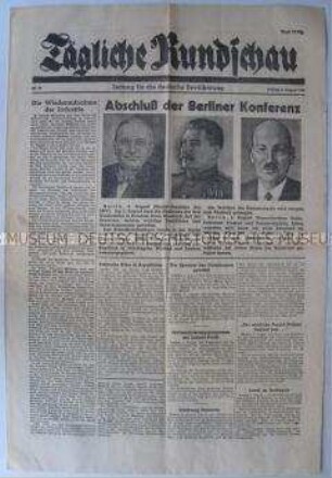 Sowjetische Tageszeitung "Tägliche Rundschau" zum Abschluss der Berliner (Potsdamer) Konferenz der Alliierten