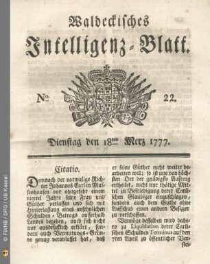 No. 22. Dienstag den 18ten Merz 1777