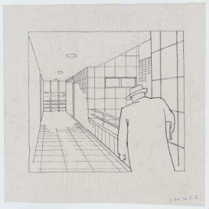 Das Mittelganghaus, Entwurf für die Ausstellung des BDA im Schloss Charlottenburg (nicht realisiert) – Innenperspektivansicht Mittelgang