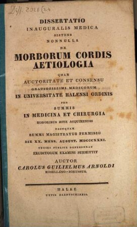 Diss. inaug. med. sistens nonnulla de morborum cordis aetiologia