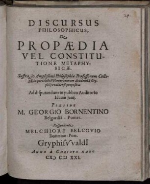 Discursus Philosophicus, De Propaedia Vel Constitutione Metaphysicae