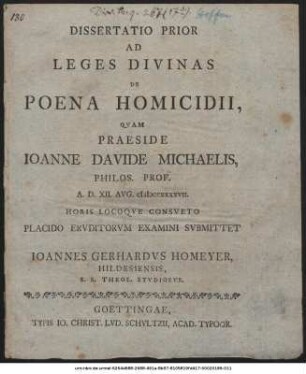 Dissertatio Prior Ad Leges Divinas De Poena Homicidii
