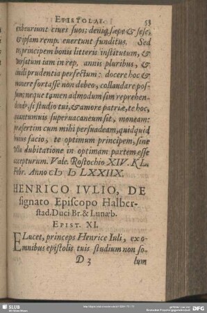 Henrico Iulio, De signato Episcopo Halberstad. Duci Br. & Lunaeb. Epist. XI.