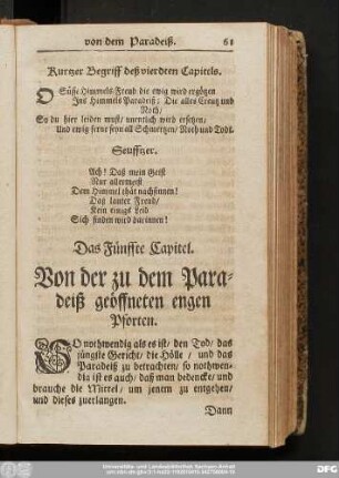 Das Fünffte Capitel. Von der zu dem Paradeiß geöfnneten engen Pforten.
