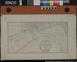 "Plan von der Anlage einer neuen Brücke über den Hase-Fluss bei der Stadt Haselünne". Mit Teilen der Stadt und ihrer Umgebung. Kirche bildhaft dargestellt. Ausf.-Art: Farbige Zeichnung Herst.: Meyer Format: 22 x 42 cm Maßstab: ca. 1 : 2000