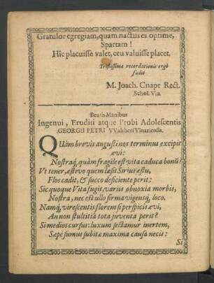 Beatis Manibus Ingenui, Eruditi atque Probi Adolescentis Georgii Petri Waltheri Vinariensis.
