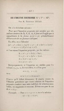 Sur l'équation indeterminée X³ + Y³ = AZ³.
