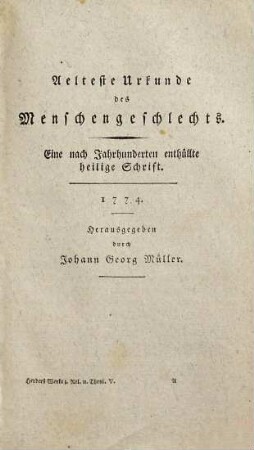 Johann Gottfried von Herder's sämmtliche Werke, 1,5. Älteste Urkunde des Menschengeschlechts ; erster Band