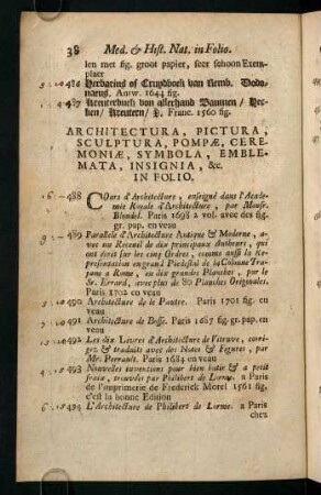 Architectura. Pictura, Sculptura, Pompae, Ceremoniae, Symbola, Emblemata, Insignia, &c. In Folio.