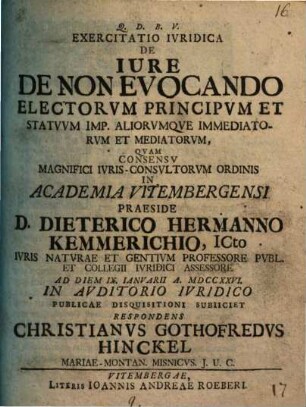Exercitatio ivridica de iure de non evocando electorvm, principvm et statvvm Imp. ...