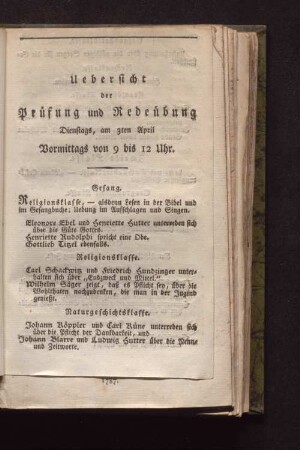 Uebersicht der Prüfung und Redeübung