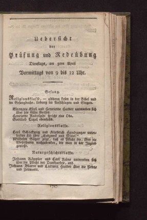Uebersicht der Prüfung und Redeübung