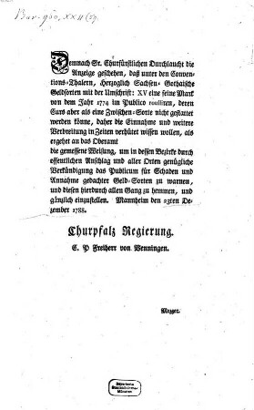 Demnach Sr. ... Durchlaucht die Anzeige geschehen, daß unter den Conventions-Thalern, Herzoglich Sachsen-Gothaische Geldsorten mit der Umschrift: XV eine seine Mark von dem Jahr 1774 im Publico roulliren, ... : Mannheim den 23ten Dezember 1788