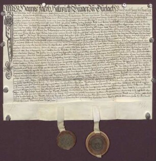 Gültverschreibungen des Hans Jacob Hillwick und seiner Frau Jenoveva, beide zu Durlach, über 100 Gulden Hauptgut, für das sie jährlich fünf Gulden an die geistliche Verwaltung zu Durlach zahlen.