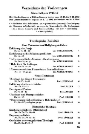 Verzeichnis der Vorlesungen Winterhalbjahr 1943/44