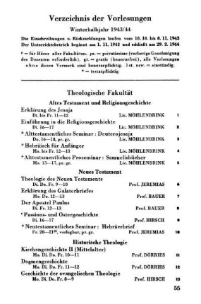 Verzeichnis der Vorlesungen Winterhalbjahr 1943/44