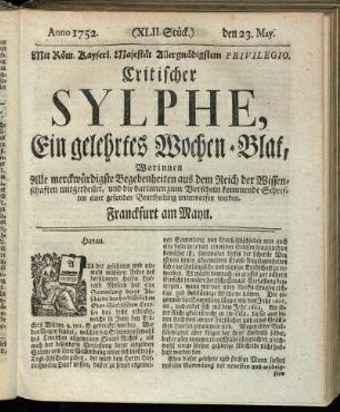 (XLII. Stück.) den. 23. May. Anno 1752.