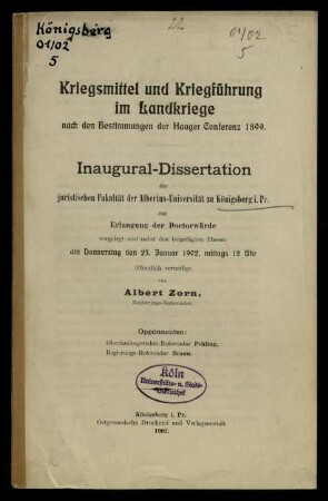 Kriegsmittel und Kriegführung im Landkriege nach den Bestimmungen der Haager Conferenz 1899