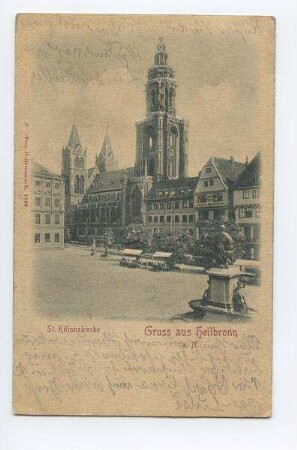 "St. Kilianskirche" - Marktplatz und Außenansicht der Kilianskirche von Nordwesten und den Häusern Kaiserstraße 32 und 34, mit Robert-Mayer-Denkmal und Marktständen