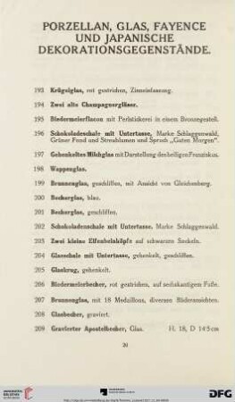 Porzellan, Glas, Fayence und japanische Dekorationsgegenstände (Nr. 193-402)
