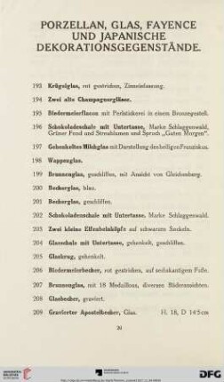 Porzellan, Glas, Fayence und japanische Dekorationsgegenstände (Nr. 193-402)
