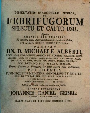 Diss. inaug. med. de febrifugorum selectu et cauto usu
