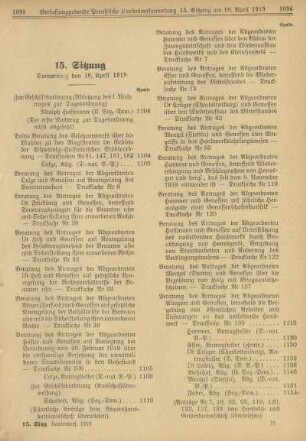 15. Sitzung, Donnerstag den 10. April 1919