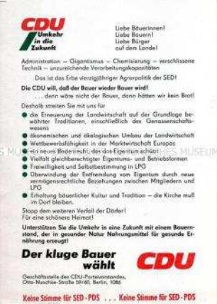 Wahlflugblatt des CDU-Parteivorstandes Berlin mit dem Schwerpunktthema Agrarpolitik