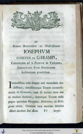 Ad Summe Reverendum ac Illustrissimum Josephum Comitem de Garampi…