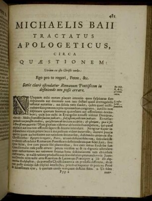 Michaelis Baii Tractatus Apologeticus, Circa Quaestionem ...